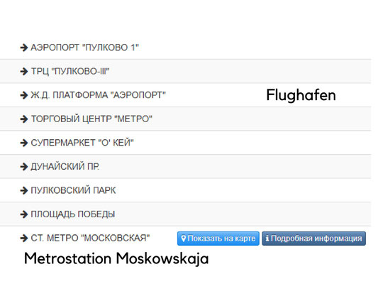 Bushaltestellen vom Flughafen zur Metrostation Moskowskaja.
