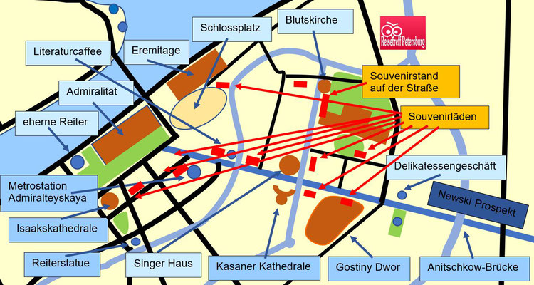 Lage der Sovenirläden im Zentrum Sankt Petersburgs