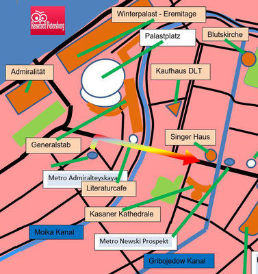 Schema von der Metro Admiralteyskaya zur Kasaner Kathedrale